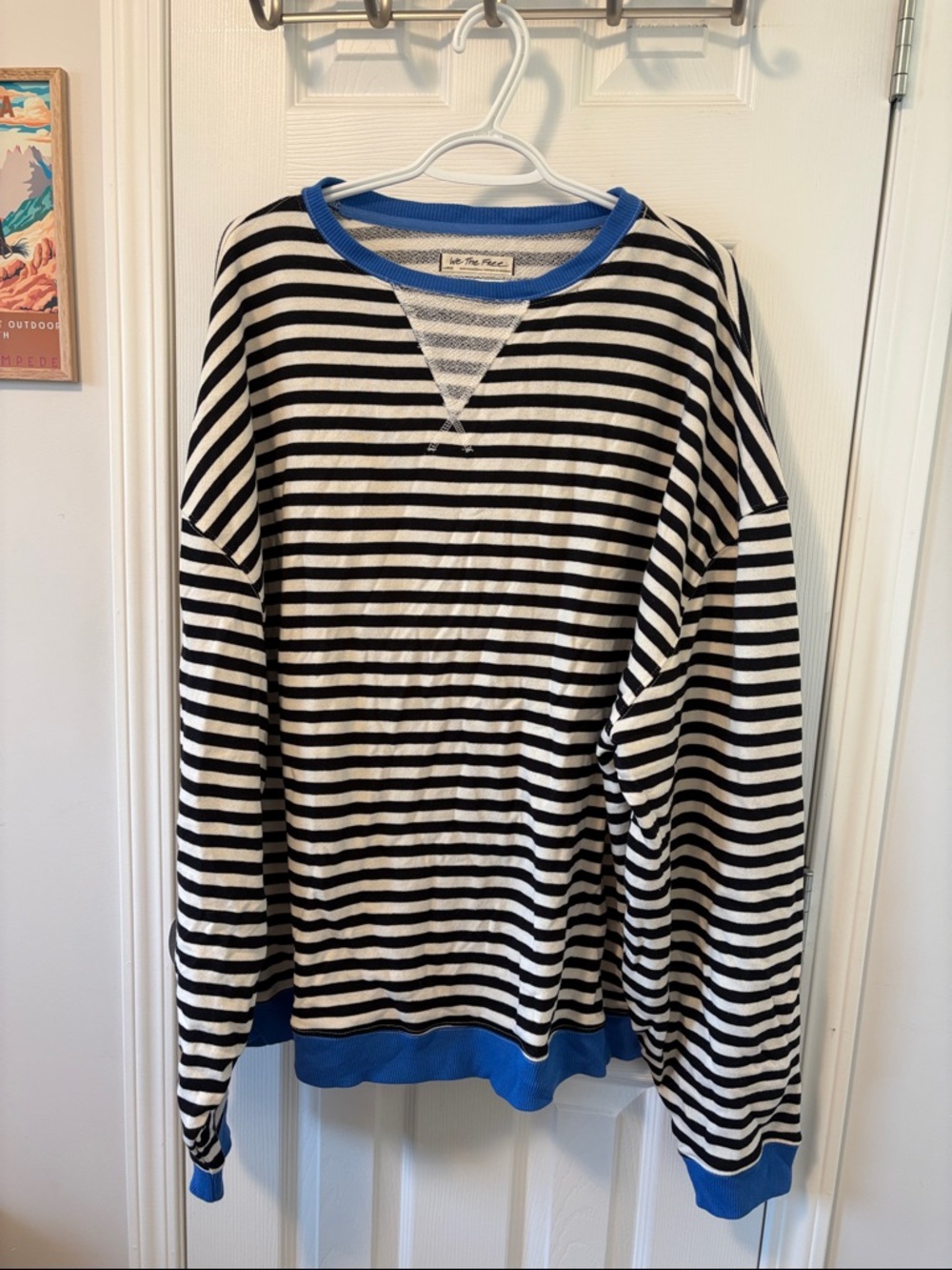 We The Free Black & White Striped Sweatshirt with Blue Trim